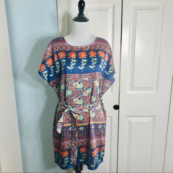 Forever 21 Silky Boho Mukticolor Floral Short Sleeve Belted Mini Dress Size Smal - Picture 1 of 8
